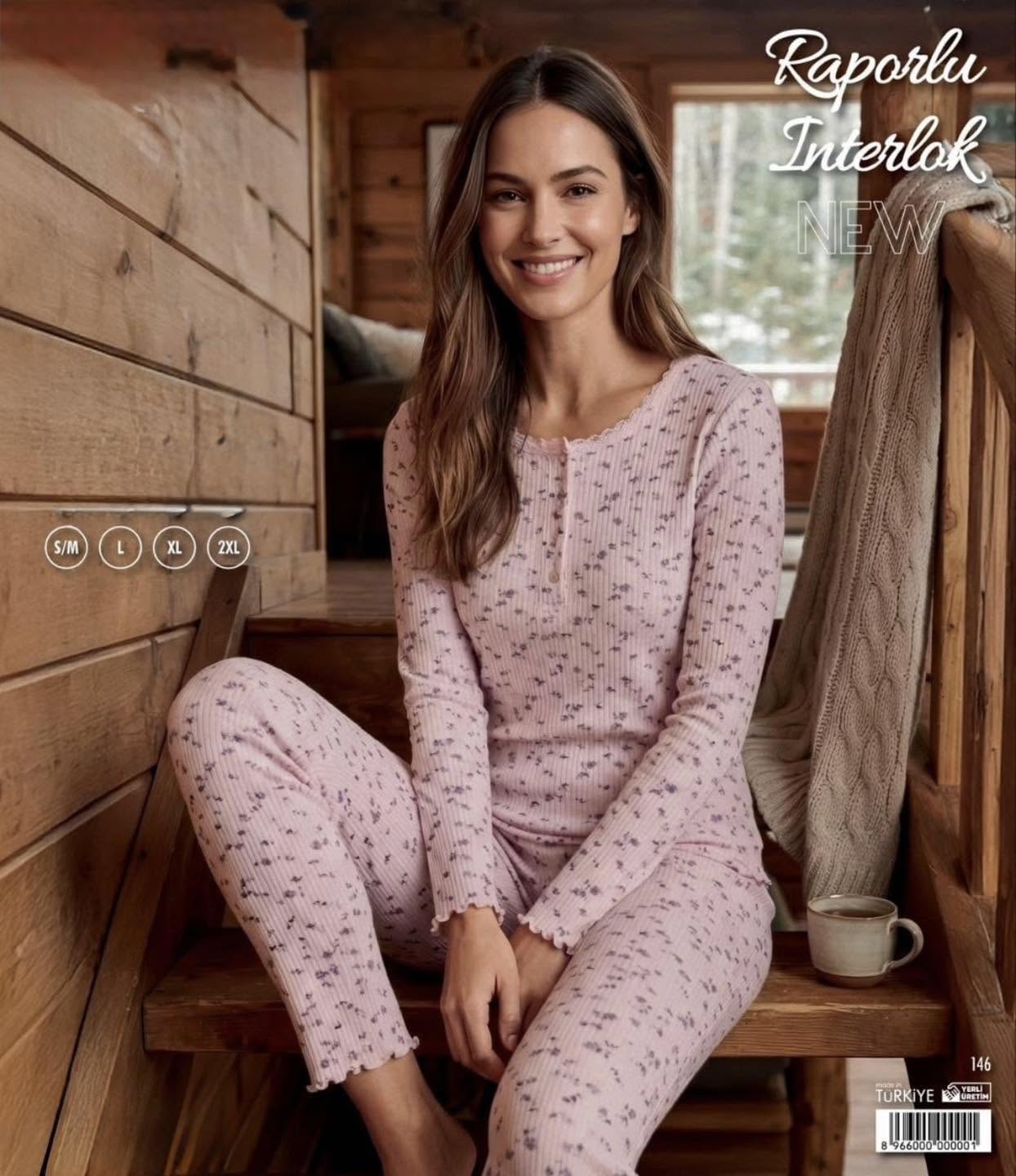 Pijama dama interlok roz cu flori art.385300